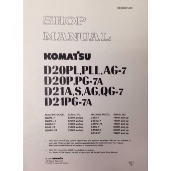 Komatsu D20P-7 D21A-7 D21PG-7A Dozer Shop Service Repair Manual SEBM001408 #1 image