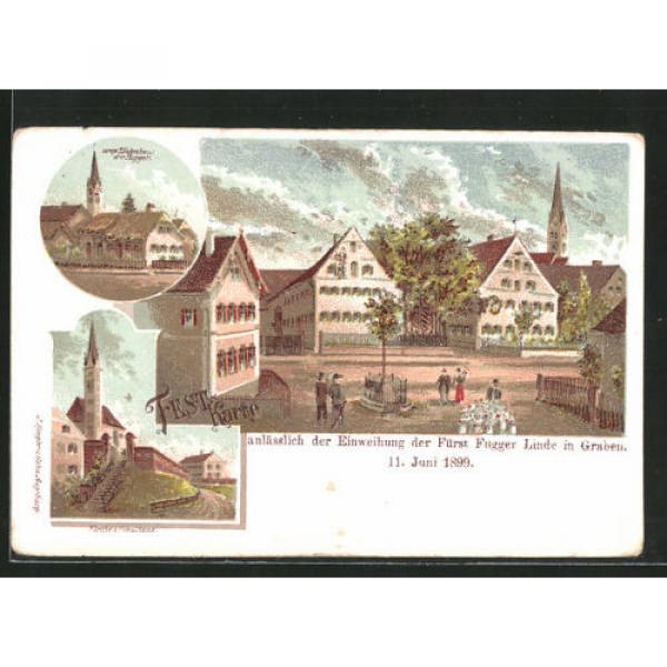 Lithographie Graben, Einweihung Fürst-Fugger-Linde 11.6.1899, Kirche u. Schule, #1 image